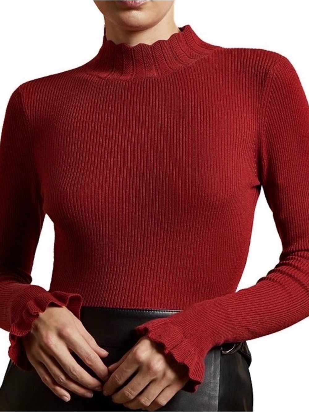 Ted Baker Scalloped Rust Red Ribbed Mock Neck Sweater